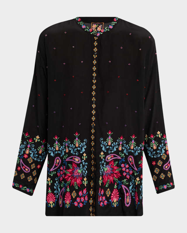 Audrey Paisley-Embroidered Silk Shirt